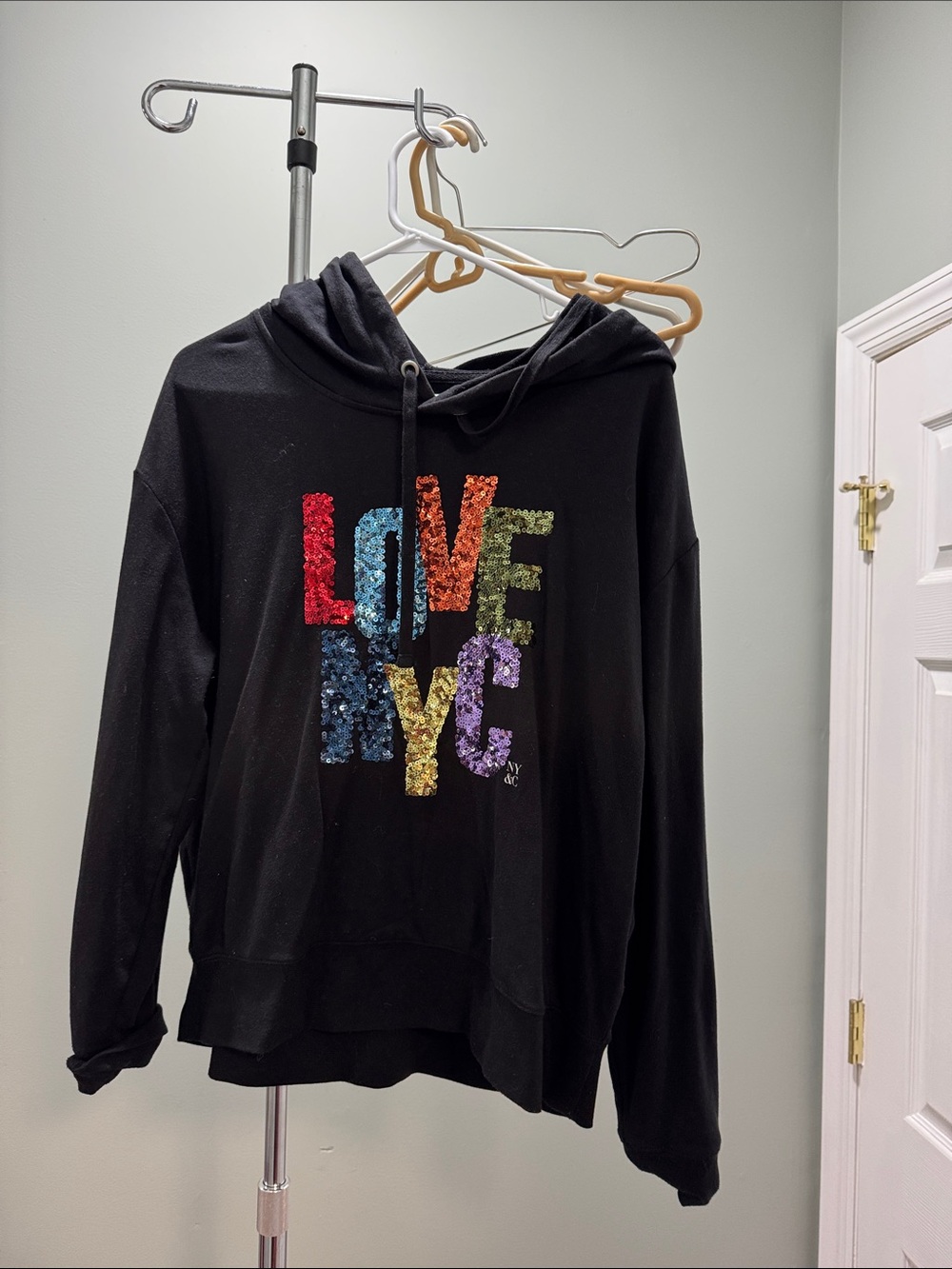 Black Hoodie Sweatshirt with Rainbow Sequin "LOVE NYC"